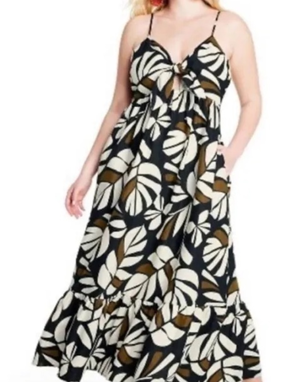 Tabitha Brown Target Leaf Print Maxi Dress Tie Front Sweetheart Neckline 2X